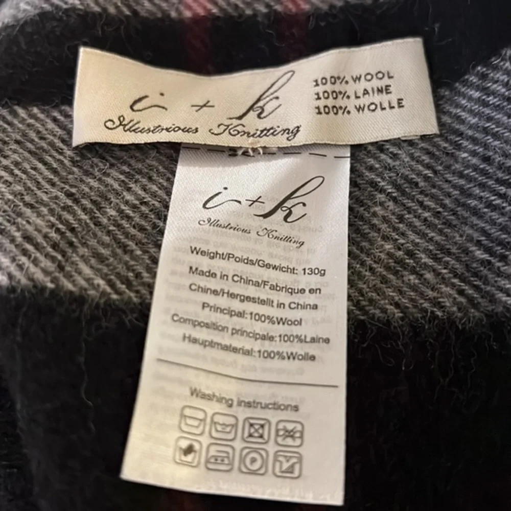 I+K Illustrious Knitting 100% cashmere black gray red & white plaid scarf